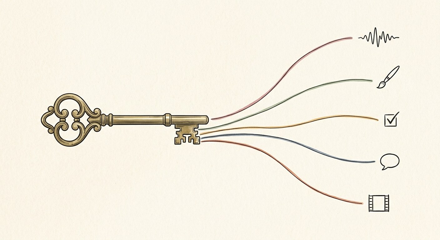 A brass key with five coloured threads fanning out to a sound wave, a paintbrush, a ticked checkbox, a speech bubble and a film frame