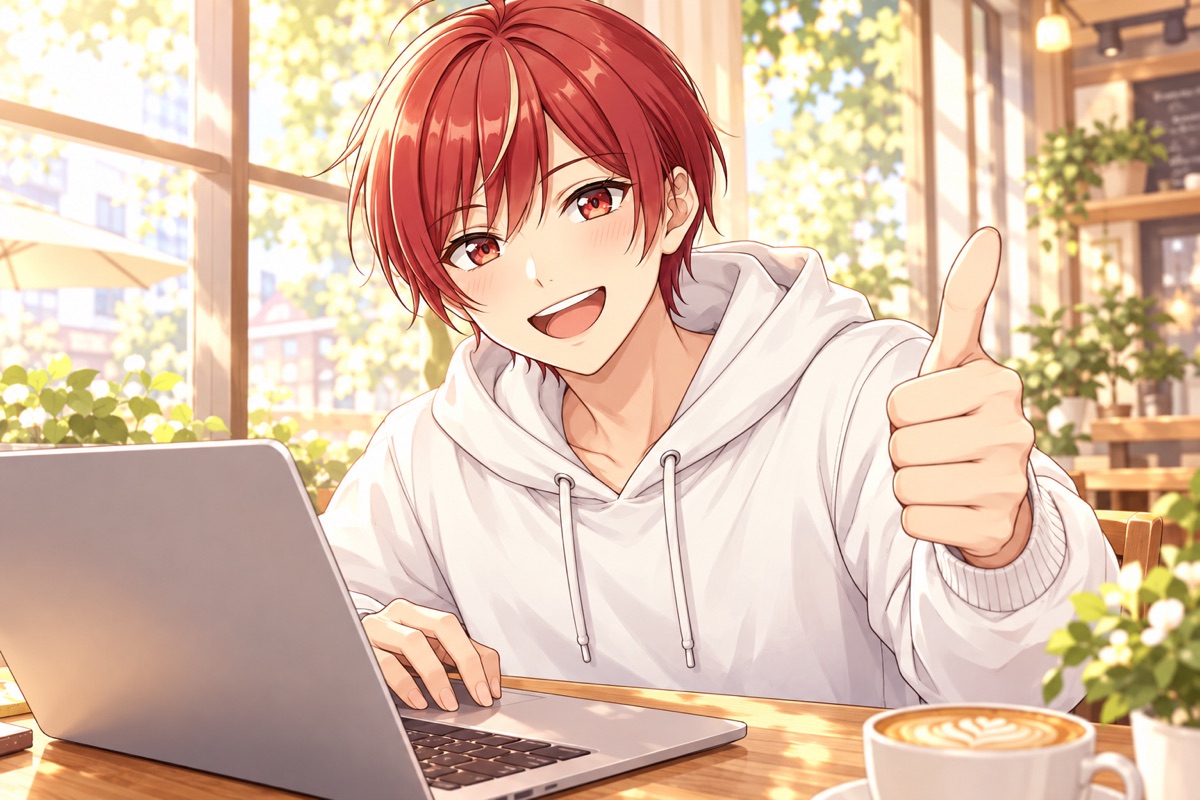 LuC4 at a sunny cafe table, typing on a laptop and giving a thumbs-up — generated with gpt-image-2.5-flare via api.aicu.ai
